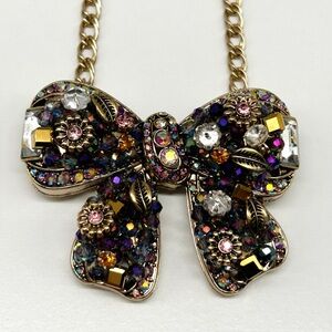Vintage Betsey Johnson Crystal Cluster Flower Bow Statement Necklace 16-19”